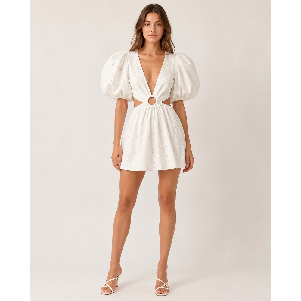 ASOS Design White Eyelet Cut Out Ring Mini Dress Puff Sleeve Size 8 116898657